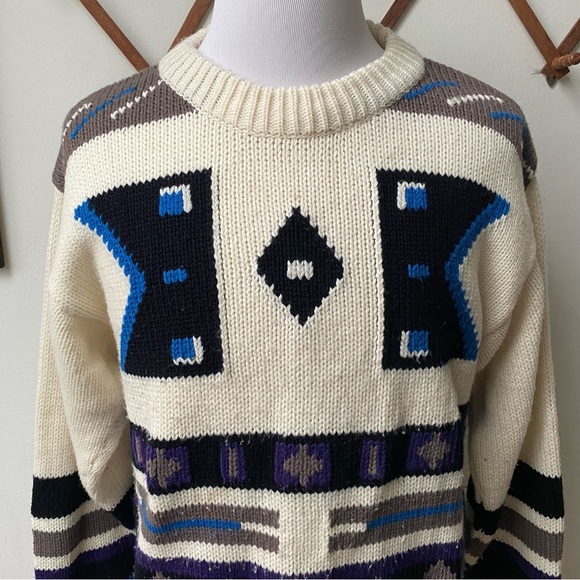Vintage 1980s Navajo Southwestern Aztec Knit Sweater - Picture 2 of 15